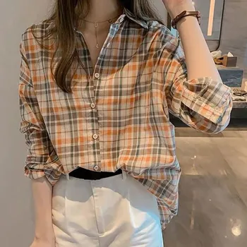 

Vintage Plaid Print Women Blouse Loose Single-breasted Autumn New Long Sleeve Lapel Shirt Elegant Female Blousese Tops