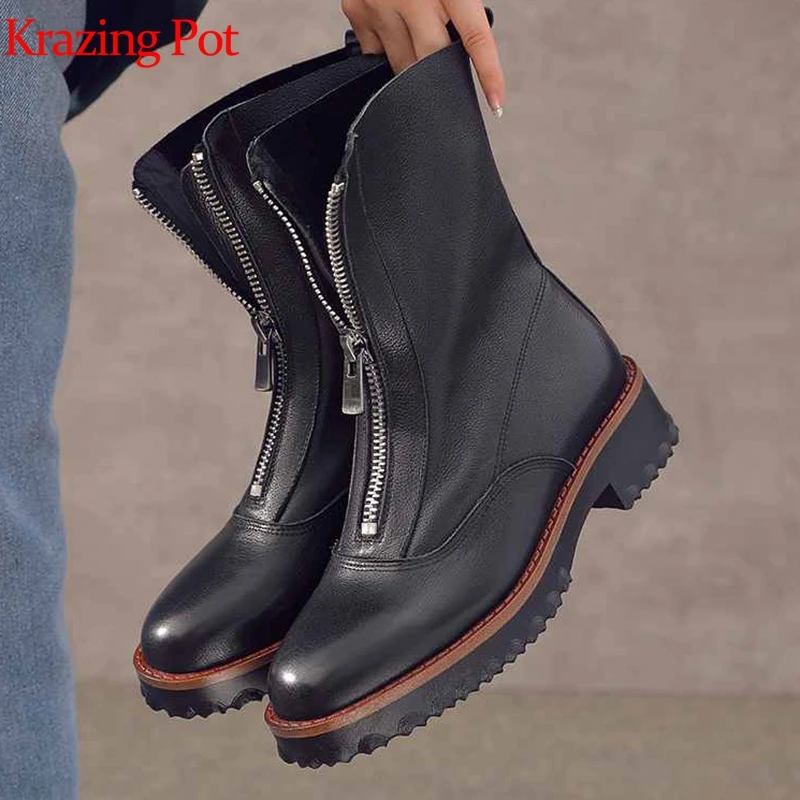 

krazing pot cow leather round toe med heels front zipper fasteners handsome girl streetwear western cowboy mid-calf boots l8f6