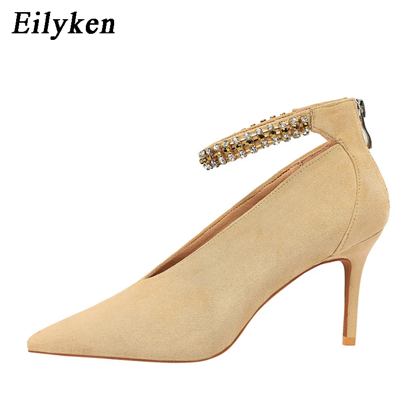 Eilyken/модные женские туфли-лодочки с острым носком и v-образной пряжкой, каблуки пряжки, ремни, шпильки, сексуальные туфли с ремешком на щиколотке, женские туфли-лодочки - Цвет: Khaki  7.5CM