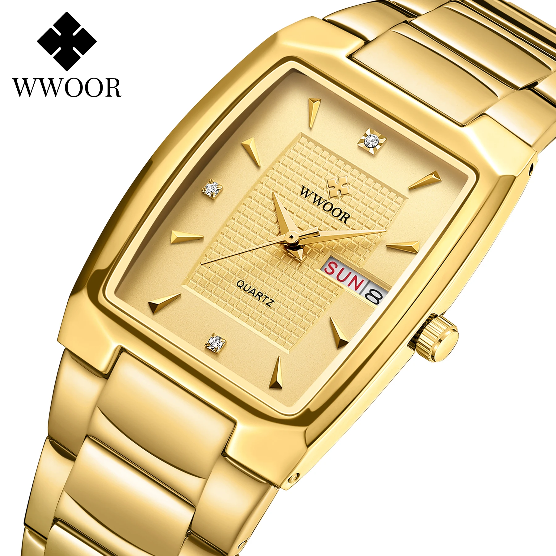 Watches Men WWOOR Brand Casual Simple Men's Quartz Clock Rose Gold Square Waterproof Week Display Wristwatches Relogio Masculino