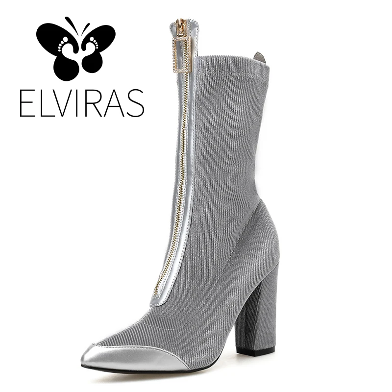 

Pointed Toe Women's Boots Corduroy Ankle Winter Boots For Women Autumn High Heel Metal Zipper Thick High Heel Women Boots