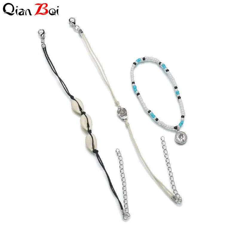 QianBei Modyle 3 шт./компл. в богемном стиле Винтаж в виде ракушки браслеты для ног Skull для Для женщин сине-белые камень ретро пляжные шорты мужские ног Ювелирные изделия
