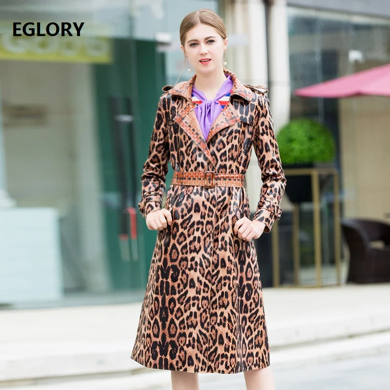 Casaco Feminino Autumn Winter Casual Long Coat Trench Women Sexy Wild Leopard Print Adjustable Belt Coat Casual Windbreaker