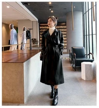 Long Sleeve Loose Korean Fashion Clothing Nerazzurri Spring Black Oversized Long Waterproof Leather Trench Coat for Women