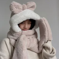 Xfh New Winter Fashion Super Thick Simple Cute Hat Scarf Gloves Three-in-one Lei Feng Hat Cold-proof Imitation Rabbit Fur Warm