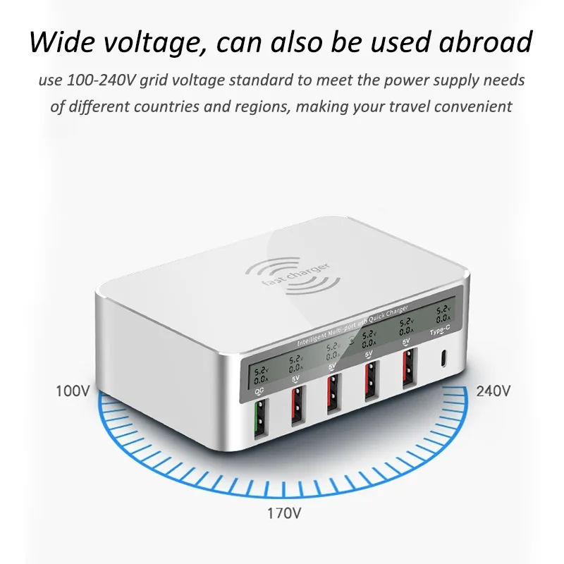 QC 3.0 USB Charger pd Ports Smart Charging Multi Port Travel Charger LCD Digital Display Station Multi Port USB Charging Plug US