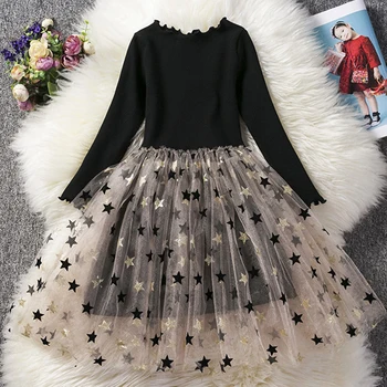 

Baby Dresses 2-8 Yrs Girls Autumn Winter Long Sleeved Knit Princess Dress Lace gauze Tutu Dress Baby Girls Bottoming Clothing