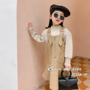 

Children's clothing 2020 autumn new suit girl sling leather skirt plus hedging long-sleeved bottoming top two-piece suit