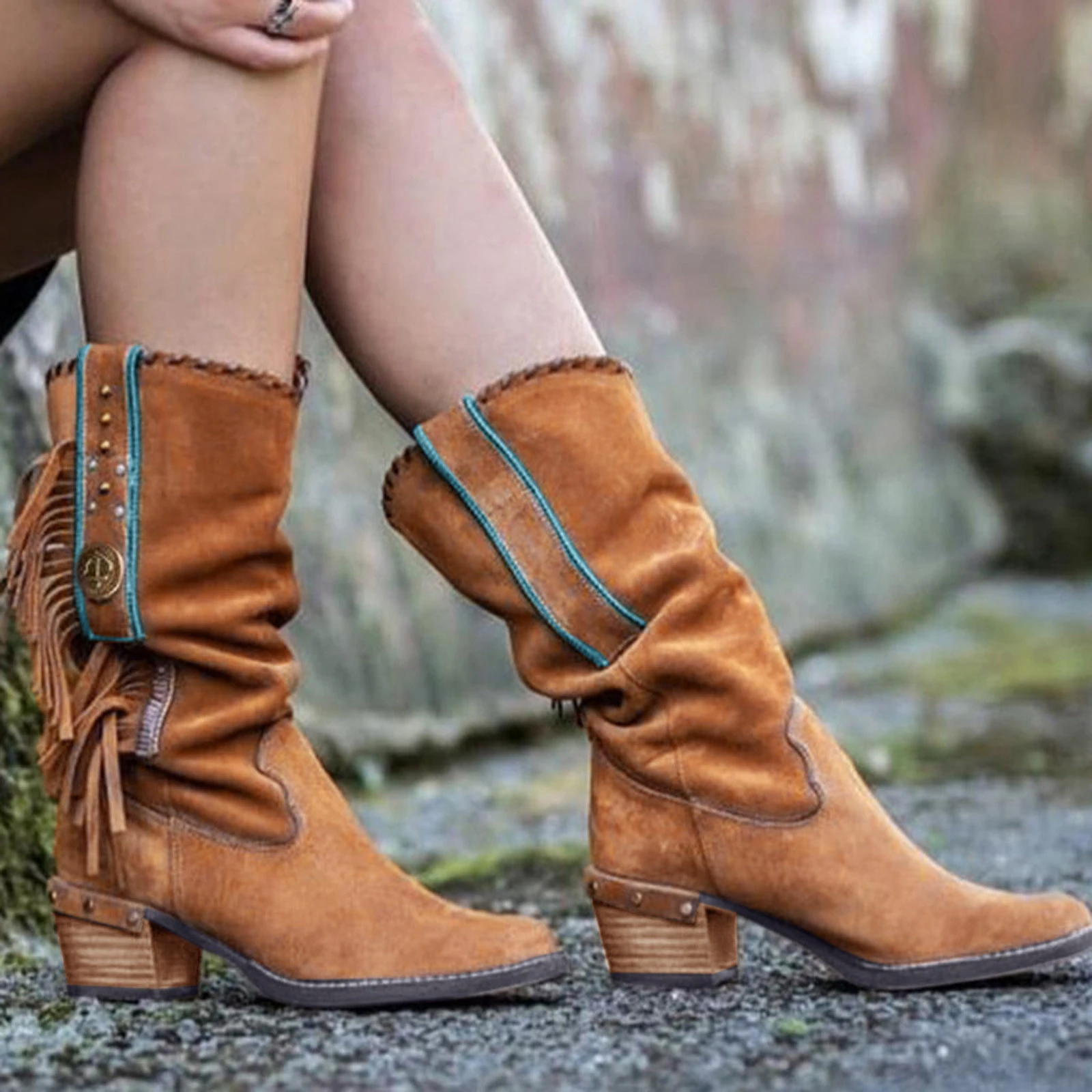 Botas Vintage de media pantorrilla para mujer, botines sin flequillo flecos zapatos de invierno de talla grande #01|Zapatos de tacón de - AliExpress