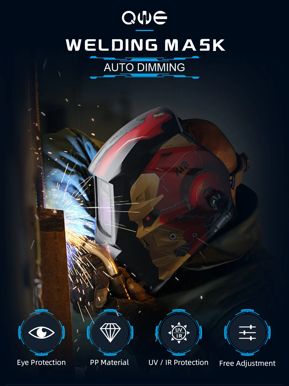 Casco de soldadura de primera clase óptica con oscurecimiento automático, sombra completa 4-13, área de visión 93x43 (mm)