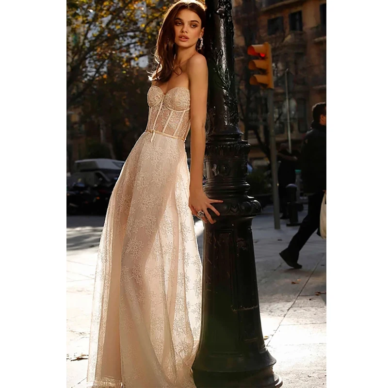 

Verngo A Line Wedding Dress Boho Lace Wedding Gowns Backless Elegant Bride Dress Strapless Vestidos De Novia 2020