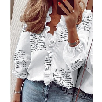 

Summer Ruffles Long Sleeve Blouses Shirts Pineapple Printed Shirt Female Letter Print Blouse Women Pull Blusas Casual Tops G1568