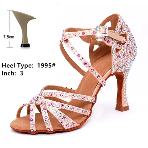 skin 7.5cm Women Dance Shoes Salsa party ballroom latin shoes big small rhinestone shining sparkle black skin satin Cuban heel 9cm Rumba - Цвет: skin 7.5cm