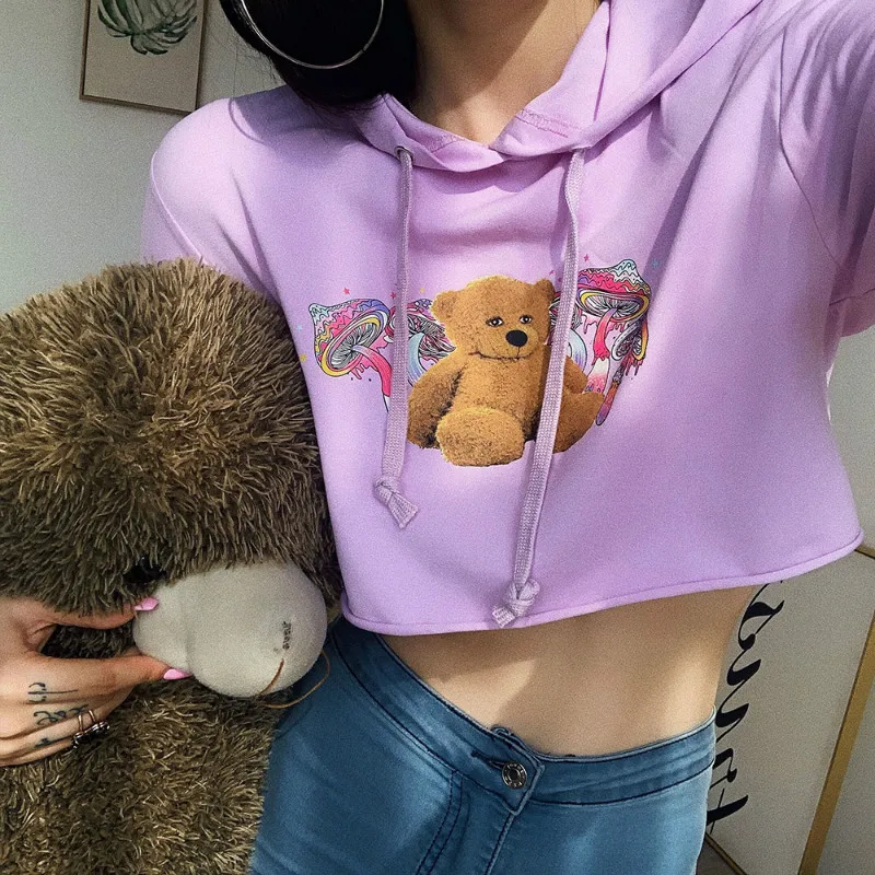 2019 осенний милый Принт мультяшного медведя пупка голой Обрезанные топы