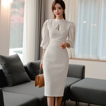 

2020 spring solid color sheath bodycon pencil dress OL women Korean elegant Lantern sleeves slim dresses party dress vestidos