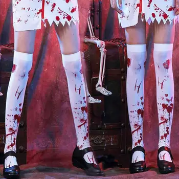 

Womens Halloween Thigh High Long Socks Bloody Stained Printed Horror Stockings School Nurse Fancy Dress Cosplay Party Costume