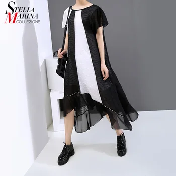 

New 2020 Summer Women Fashion Hit Color Design Long Dress Black And White Patchwork Chiffon Ruffles Hem Ladies Casual Dress 6185