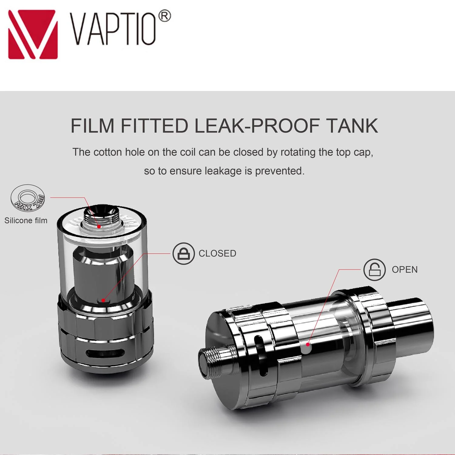 Vaptio P1 TF бак 2,0 мл емкость Ремонтопригодный атомайзер сопротивление 0,25 Ом Двухъядерный Встроенный 510 поток мод