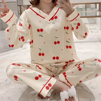 

2 Piece Faux Silk Satin Pajamas Set Autumn Women Sleepwear V-neck Long Sleeve Pajamas For Women Pyjamas Cute Nightwear
