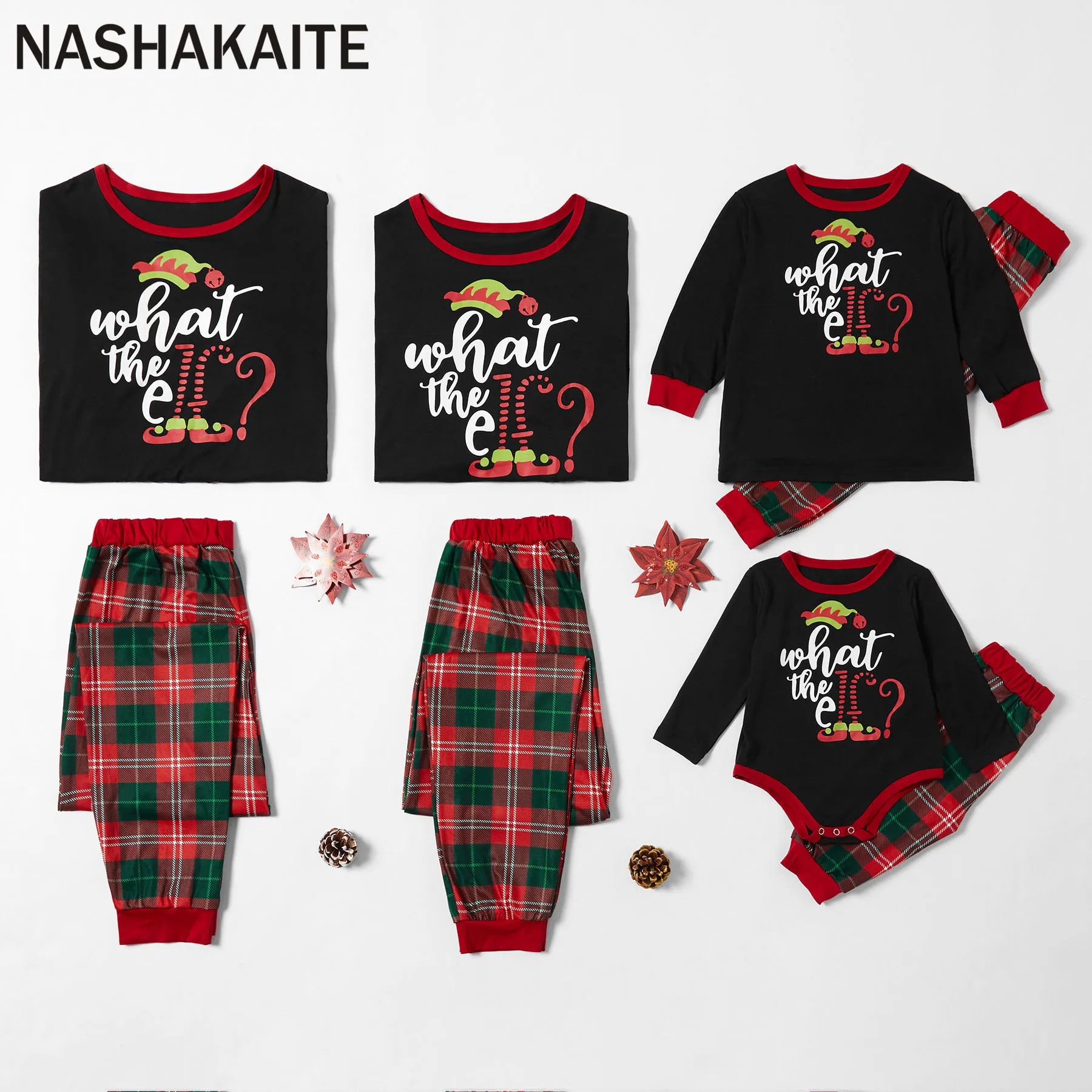 NASHAKAITE/семейные рождественские пижамы клетчатый топ с надписью «What the elf»+ штаны, комплекты одежды пижамные комплекты для мамы, папы и детей постарше