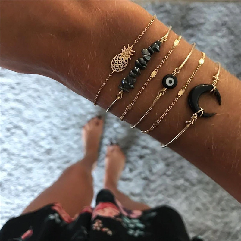 

Black Horn Stone Moon Pulseira Feminina Vintage Jewelry Boho Pineapple Gold Chain Charm Bracelets & Bangles For Women Bijoux Set