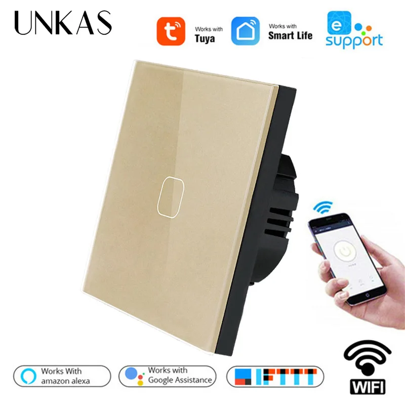 Настенный сенсорный выключатель UNKAS Tuya/Smart Life/Ewelink 1/2 клавиш 1 канал европейский