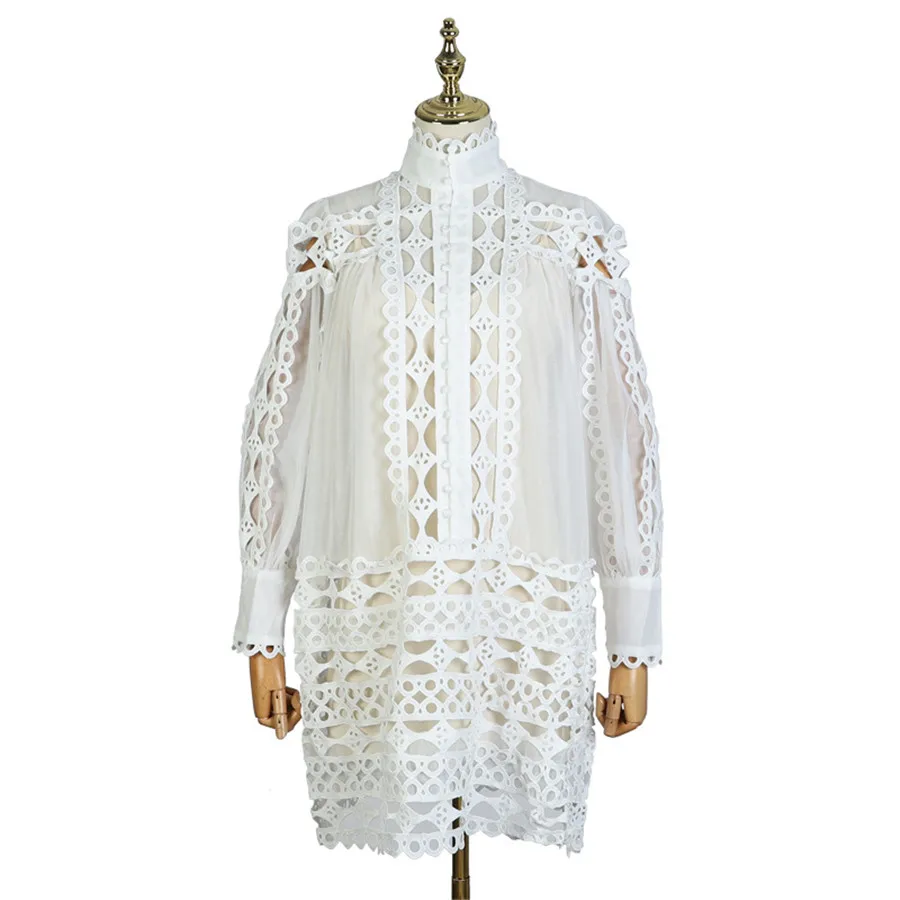 Новое поступление, весеннее женское белое платье, Vestidos, длинный рукав, заплатка, для работы, полое, мини-платье, женское подиумное платье, кружевное платье - Цвет: white