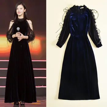 

Europe and the United States Women's Clothing 17 Autumn Show New Sexy Strapless Long Sleeve Waist Party Dress Long Velvet Dress