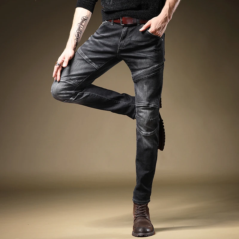 Autumn Moto Biker Black Jeans Men Fashion Patchwork Straight Slim Fit Pants Casual Motorcycle Stretch Cotton Denim Trousers
