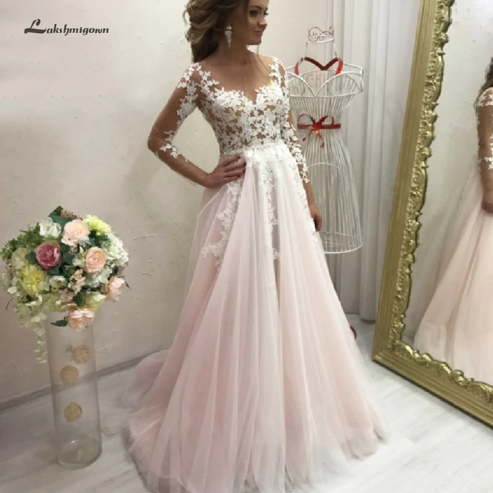 Vestido de Novia свадебное платье трапециевидной формы с длинным рукавом розовое сексуальное кружевное свадебное платье с корсетом и шлейфом