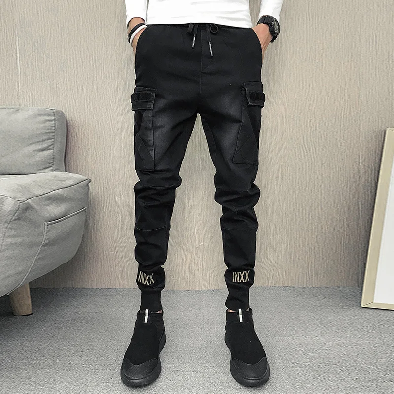 

High Street modis mens black jeans slim fit pantalon homme pencil pants streetwear embroidery denim fashions trousers casual