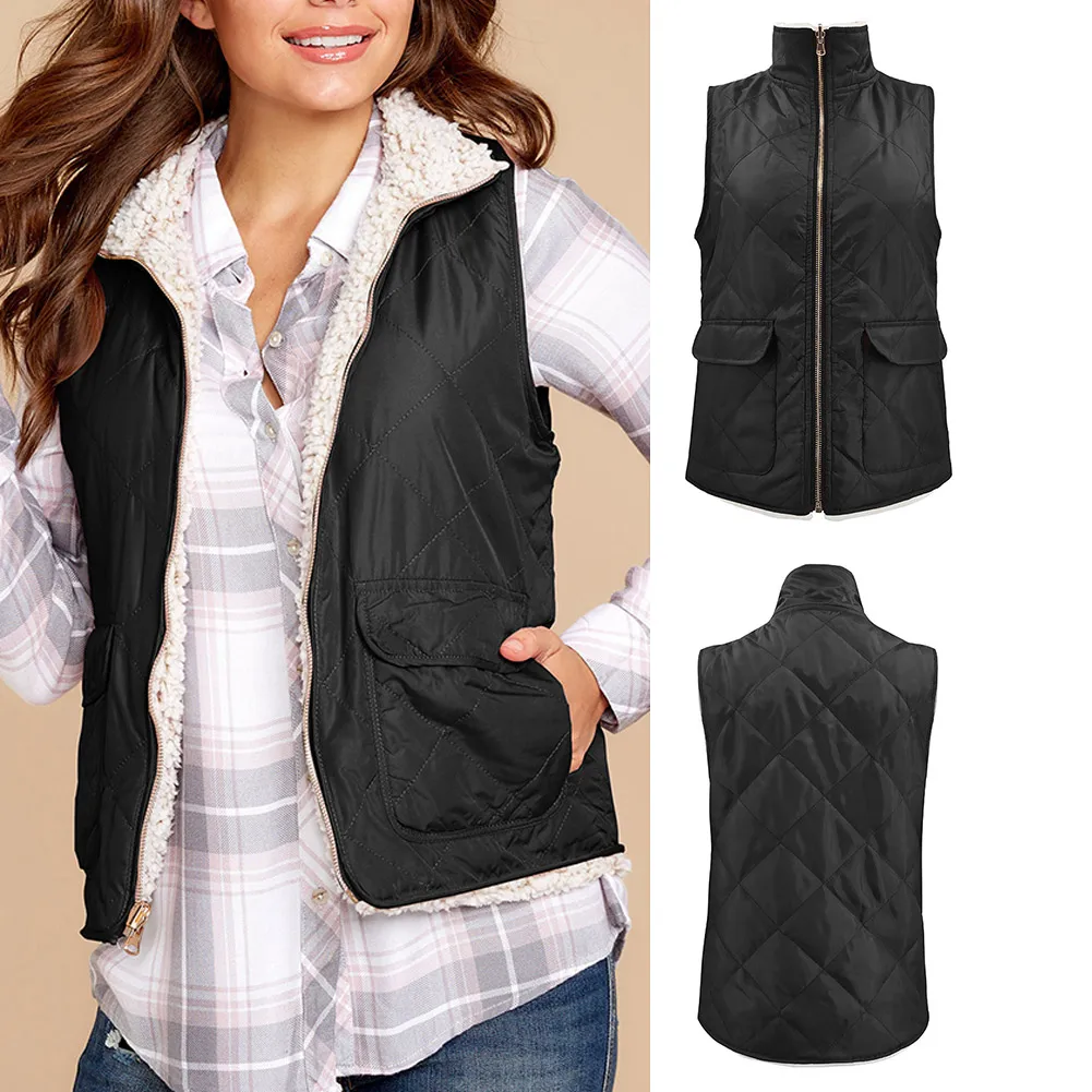 Черный Women Stand Collar Waistcoat Winter Warm Padded Sleeveless Vest Coat NFE99 - Цвет: Черный