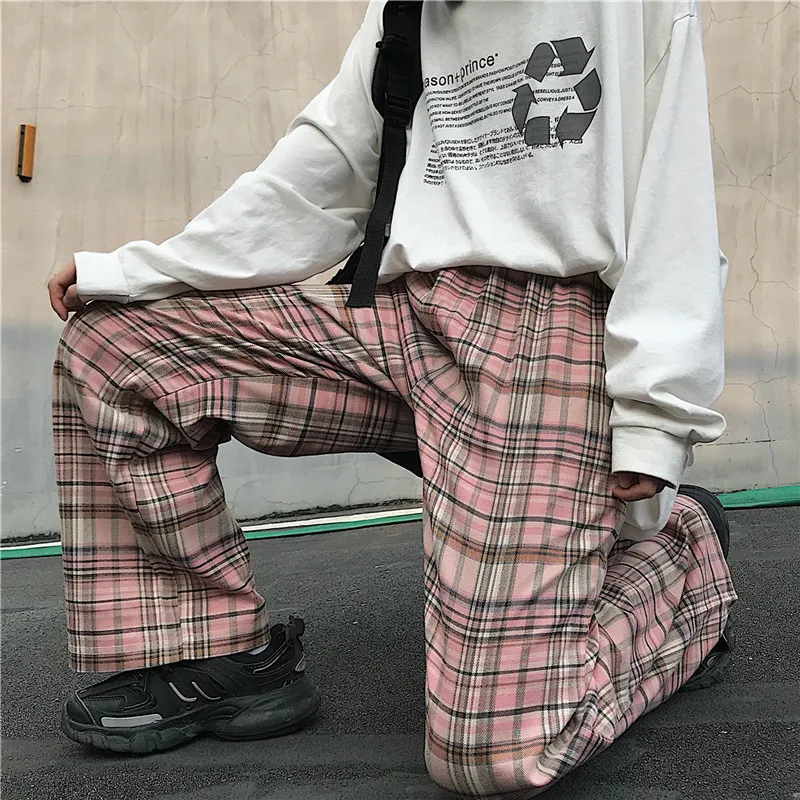 Океанlove Harajuku клетчатые осенние тонкие свободные брюки женские розовые длинные брюки уличная BF Стиль Pantalones Mujer 12760