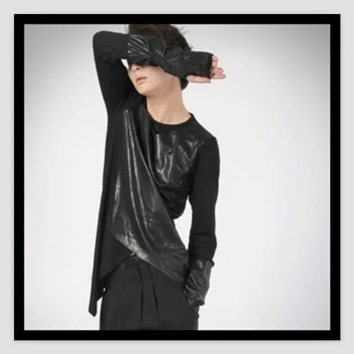 

S-6XL 2019 men's clothing Hair Stylist Fashion nightclub personality irregular Spliced leather T - Shirt plus size costumes
