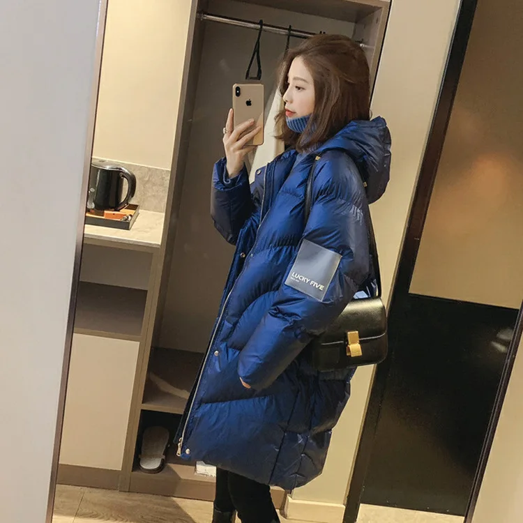 dark blue Новинка, Модный женский пуховик, теплый, плюс размер, Повседневная теплая верхняя одежда, длинный пуховик, зимняя куртка с надписью lucky, пять размеров, s, m, розовый цвет - Цвет: dark blue