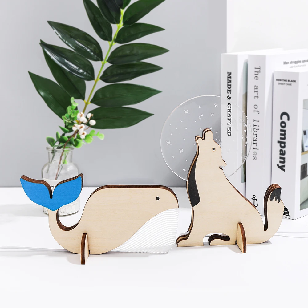 Animals LED Night Light Wood Acrylic Table USB Lights Decorate For Children Baby Kids Bedside Lamp Pelican Sirius Whale Toucan 4
