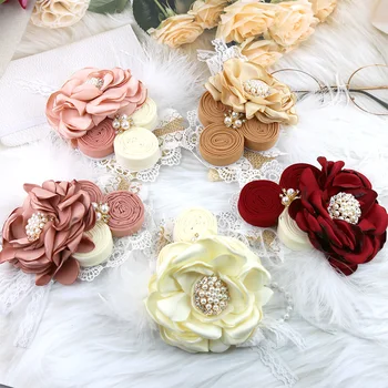 

10 Pcs/lot Feather Flower Lace Headband With Pearl Rhinestone Knot Hair Bands Silk Baby Headwear Boutique Hair Accessories