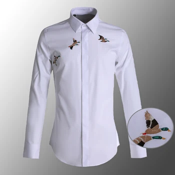 

New Cotton Mens Shirts Luxury Wild Goose Embroidery Long Sleeve Simple Mens Dress Shirts Plus Size 4xl Slim Fit Man Shirts