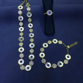 

Luxury 18K Gold Mother of Pearl Eyes Charm Bracelet Tropical Sun and Luck Eye Adjustable Necklace Same Finger Ring Jewelry Set