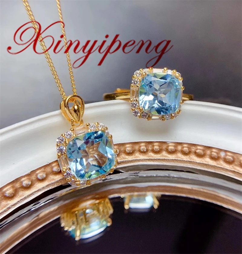 

Xin Yipeng реальные S925 Стерлинговое Серебро Золото инкрустированные топаз цепочка с подвеской в виде кольца тонкой ювелирный набор, подарок на праздник для женщин