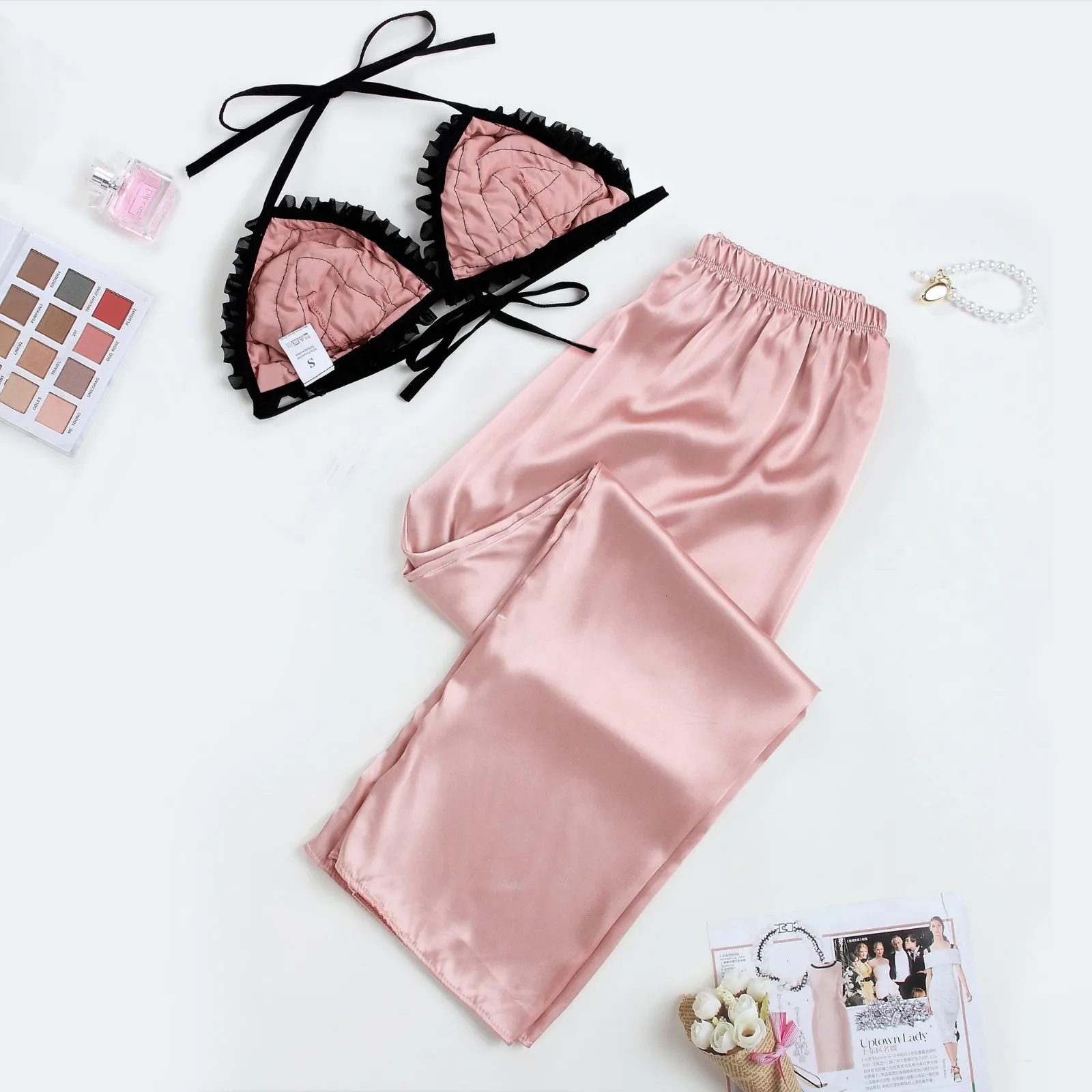 Pijama женская пижама комплект для сна розовый бюстгальтер атласный треугольный вырез Bralette брюки белье пижамы женские пижамные комплекты Пижама атласная Femme