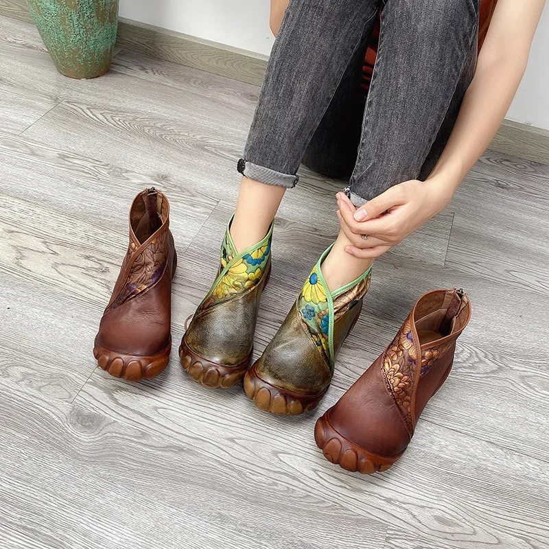 Johnature Print Women Boots Genuine Leather 2020 New Women Shoes Zip Flat With Round Toe Handmade Sewing Ankle Platform Boots
