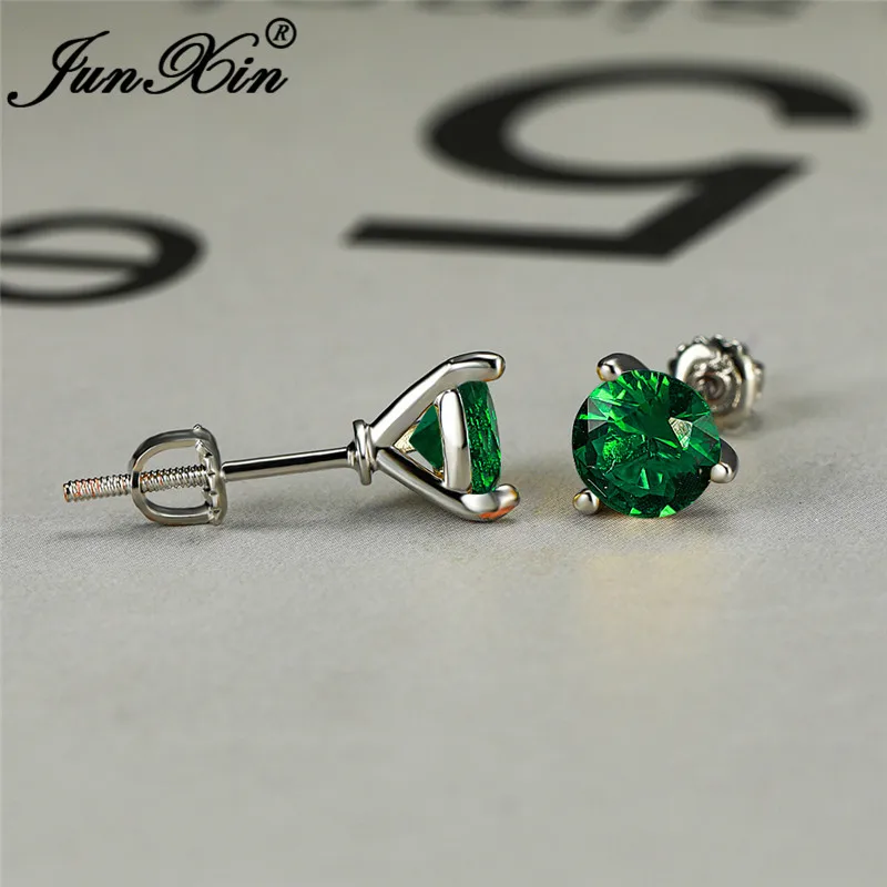 Green Earrings Изящные женские и мужские 6 мм маленькие круглые серьги 925 серебро Цвет Черный Синий Зеленый Красный камень кристалл свадебные серьги гвоздики для женщин - Окраска металла: Green Earrings