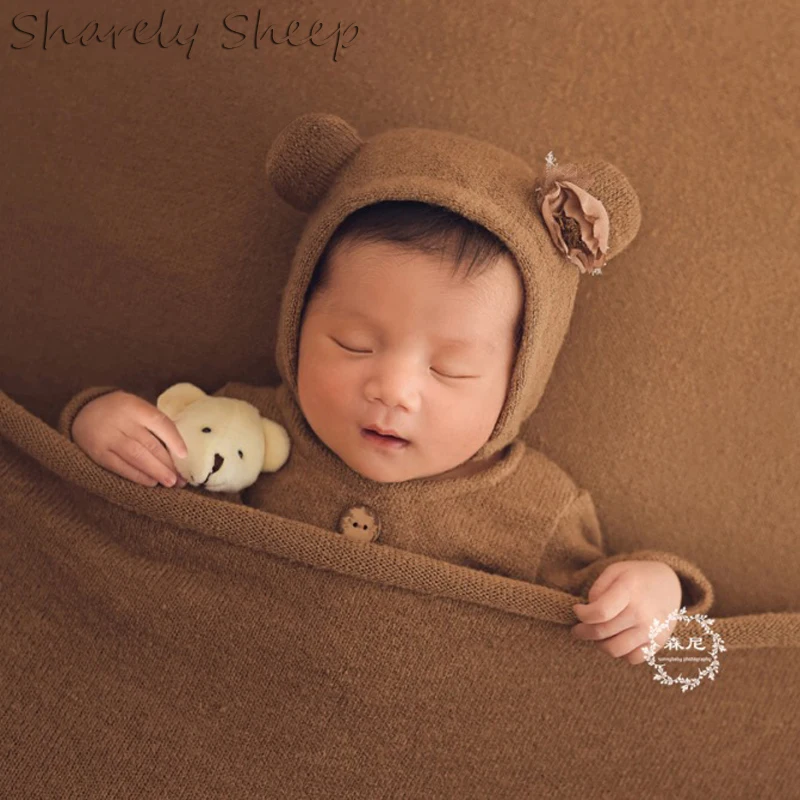 Baby Boy Girl Photo Shoot Cartoon Outfits Newborn Bear Hat+Rompers+Doll Photography Props Clothes Infant Baby fotoshoot Costume