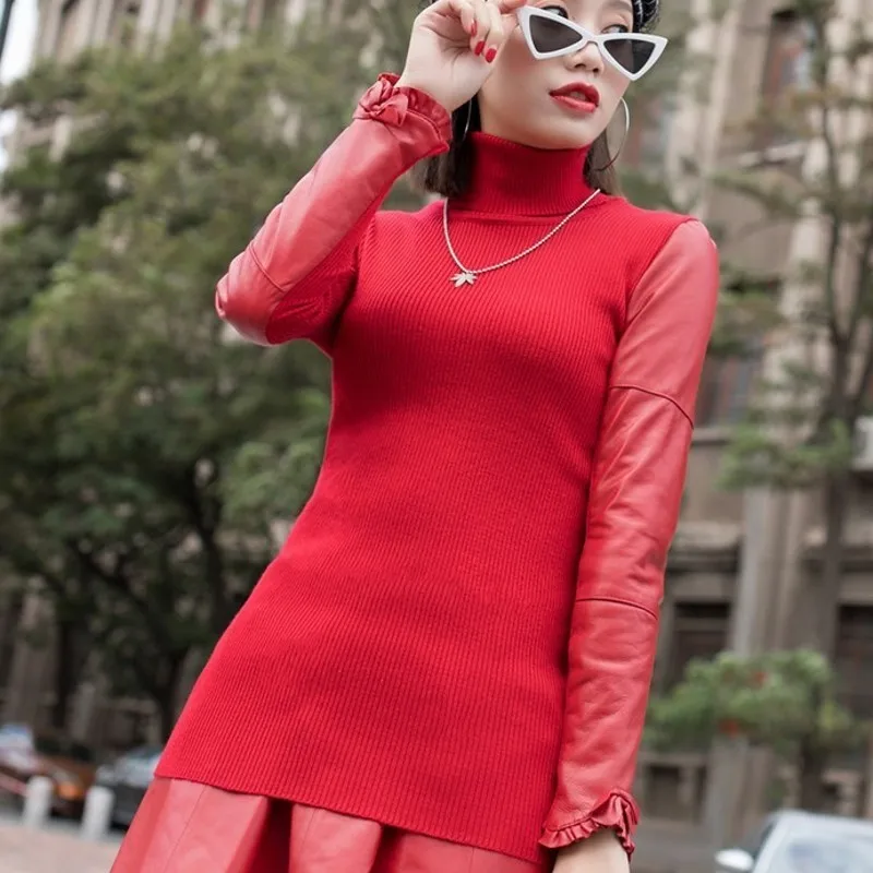 #Special Offers Top Brand Genuine Leather Sheepskin Patchwork Womens Wool Sweater Sleeve Bow Turtleneck Stretchy Pullover Female Winter Clothes