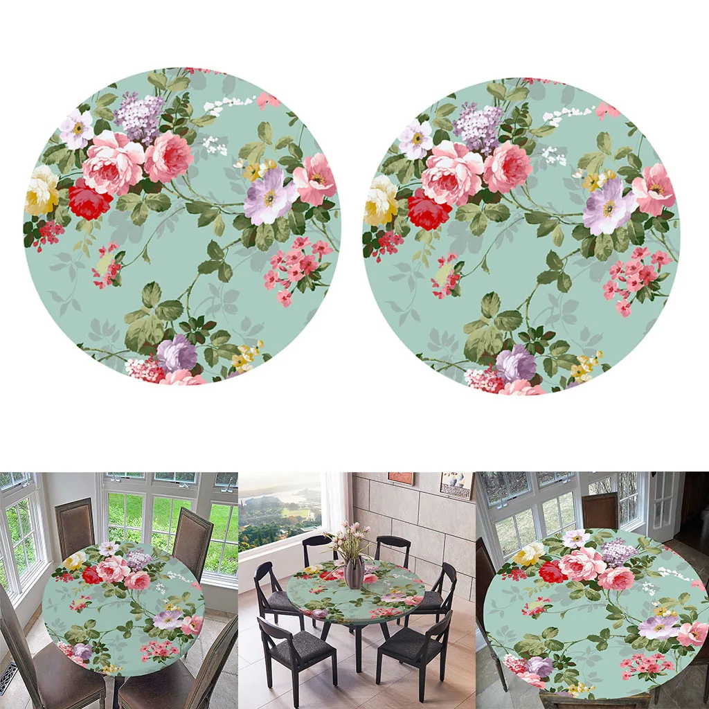 

2pcs Table Cloth Round 47 Inch Elastic Edge Fitted Vinyl Table Cover, Rustic Peony Flower for Home Kitchen Decor