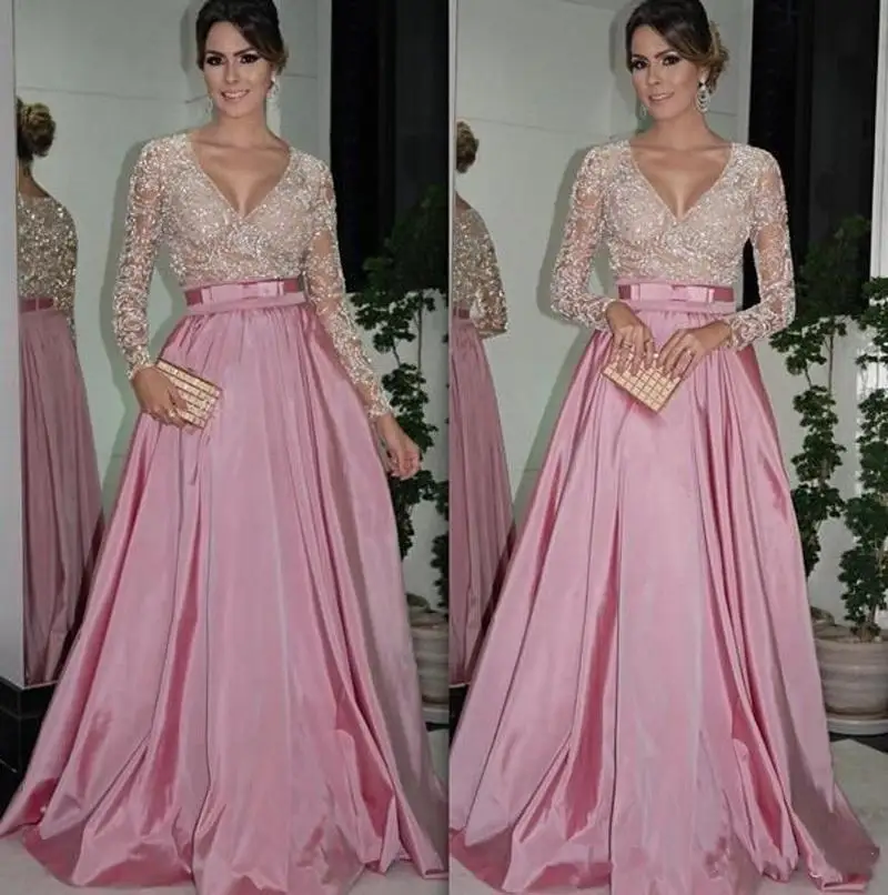 

Evening gown with Long Sleeves V Neck Beaded robe de soiree Taffeta A-Line Mother of the Bride Dresses 2019 vestido de madrinha