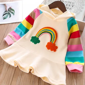 

Girl's Hooded Long Sleeve Colorful Stripes Patchwork Rainbow Design Hoodies Dress Casual Fashion Cotton Girl's Dresses