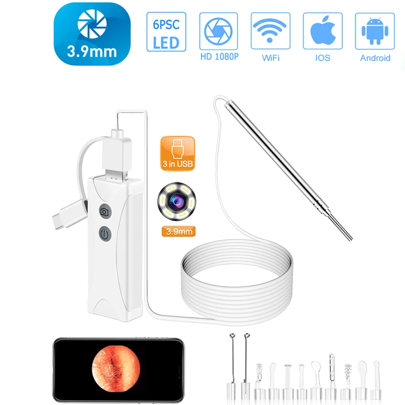 Najtaniej 3.9MM czyszczenie uszu obiektywu HD1080P 3w1 USB medyczna kamera endoskopowa Wifi IP67 wodoodporna kontrola 2MP wizualne narzędzie łopatka do uszu