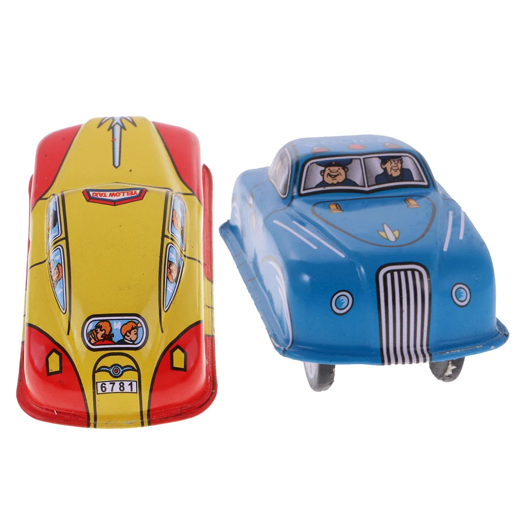 2 Pieces: Vintage Metalwork Taxi Car & Police Car Model Wind-up Running Clockwork Tin Toy Collectibles